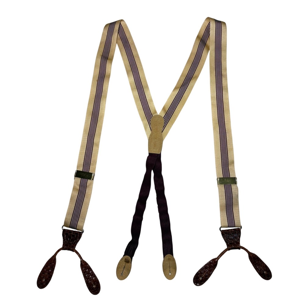 Martin Dingman Mens Suspenders Tan Burgundy Striped Leather Button Braces Brass